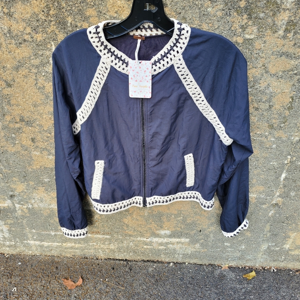 Free People Zip-Up Crochet Inset baseball jacket